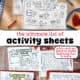 Examples of printable activity sheets for kids including breakfast activity placemats, Pokemon, Valentine's Day.