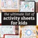 4 examples of printable activity sheets for kids including breakfast activity placemats, Minecraft, Valentine's Day, and dinner time.