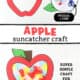 Free printable template, pile of colorful pieces of tissue paper, and apple suncatcher craft for kids.