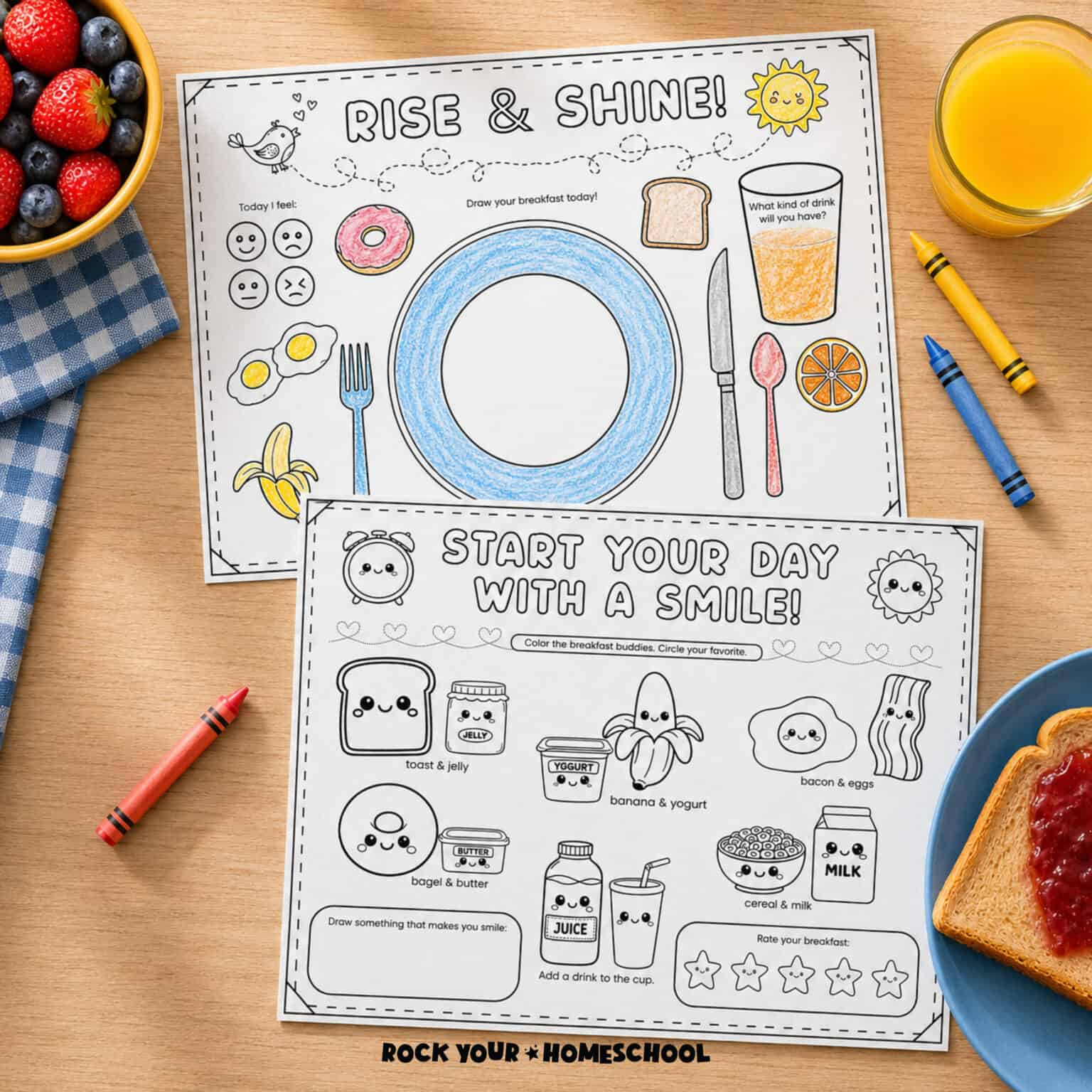 Two printable breakfast activity placemats.
