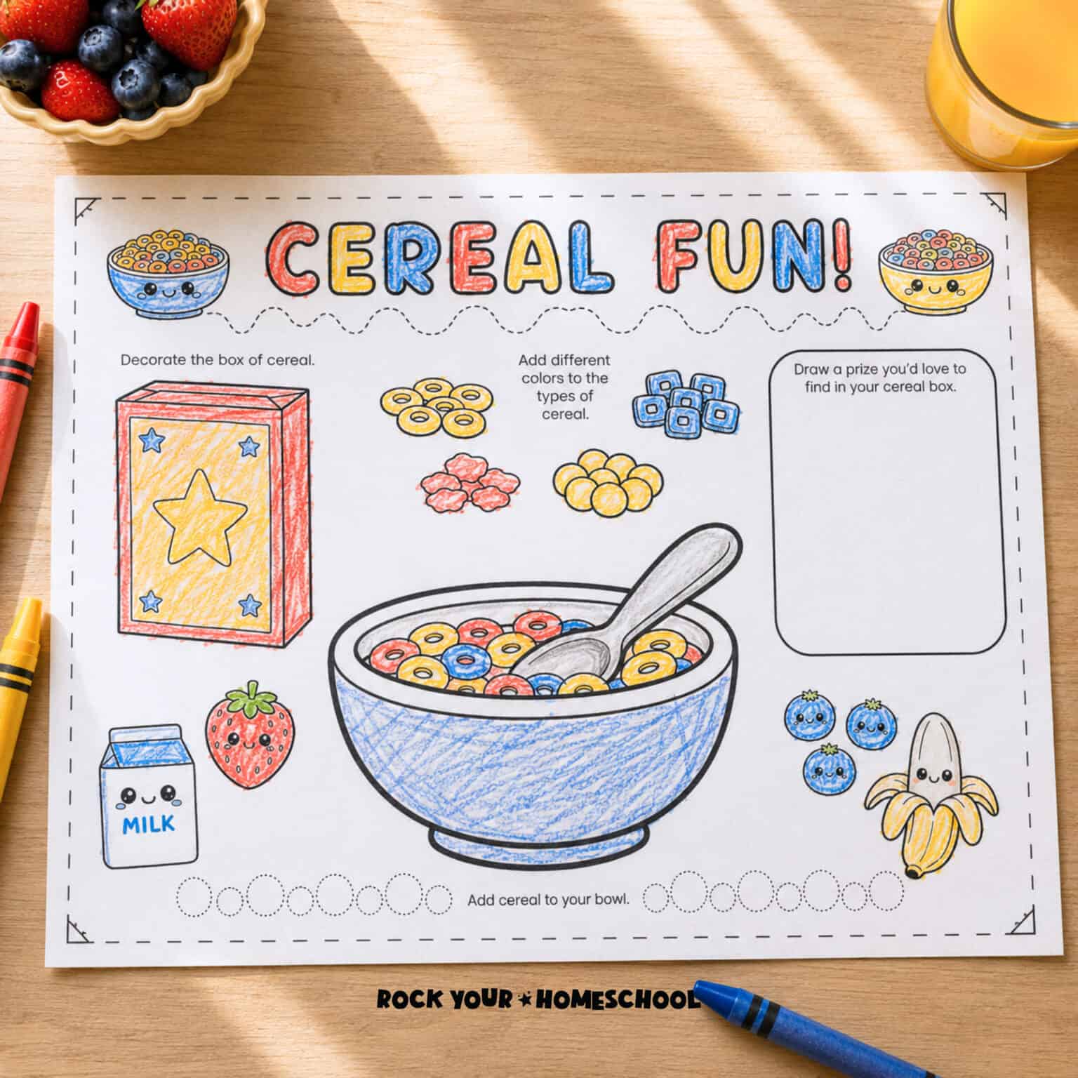 Free printable activity placemat featuring cereal activities.