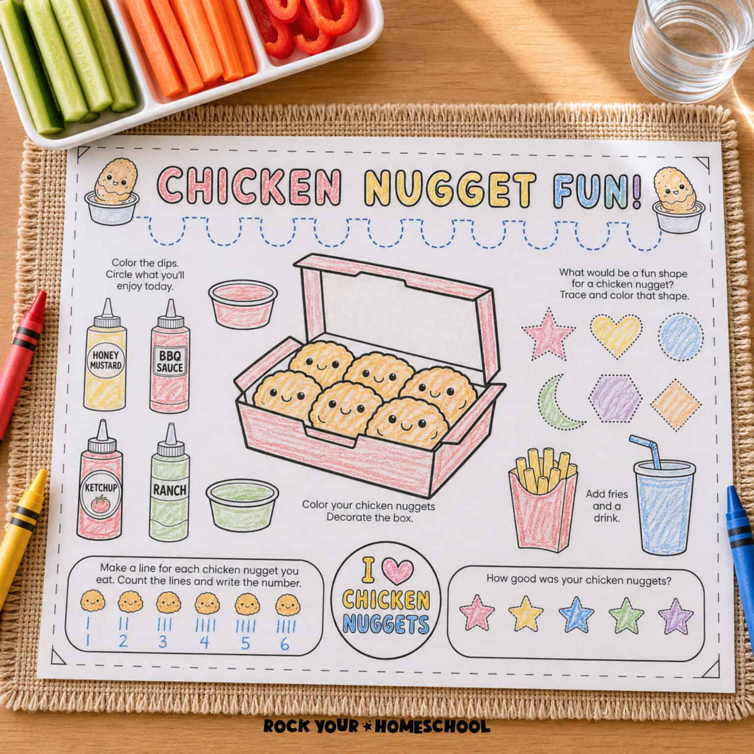 Free printable chicken nugget activity placemat for kids.