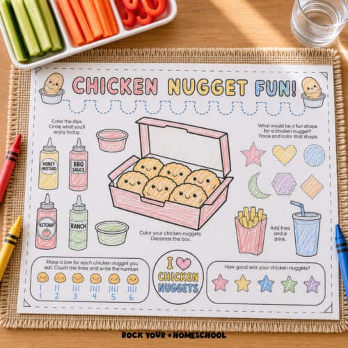 Free printable chicken nugget activity placemat.