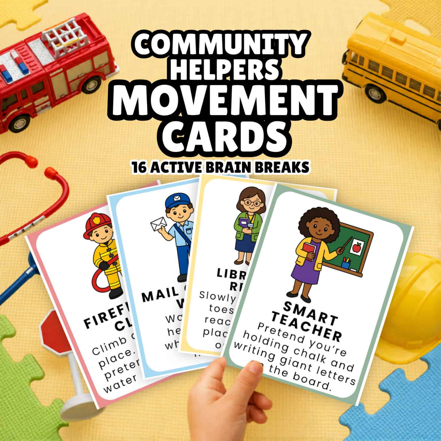 A child's hand holding community helpers movement cards.