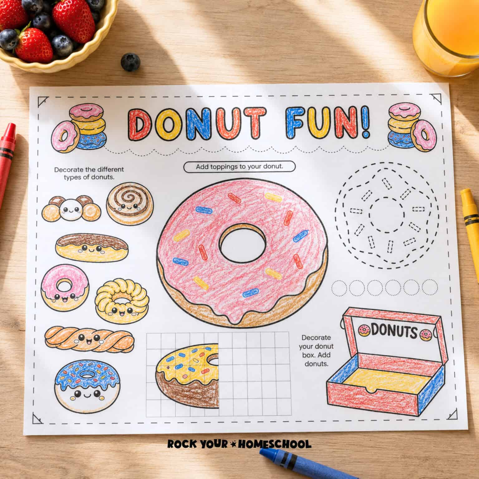 Free printable donut activity placemat for kids.