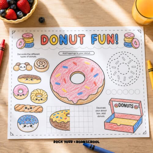 Free printable donut activity placemat for kids.