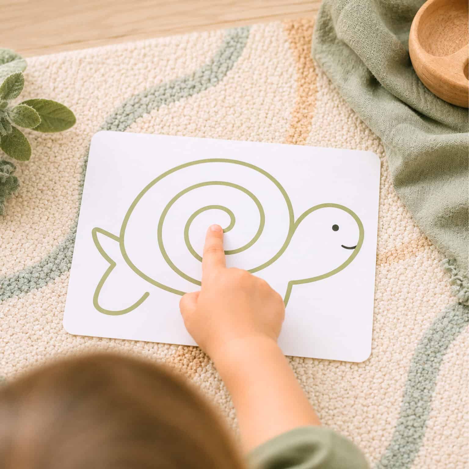 Young boy using his finger to trace a green line of a turtle shape to show how finger tracing cards for kids work as calm down tools.