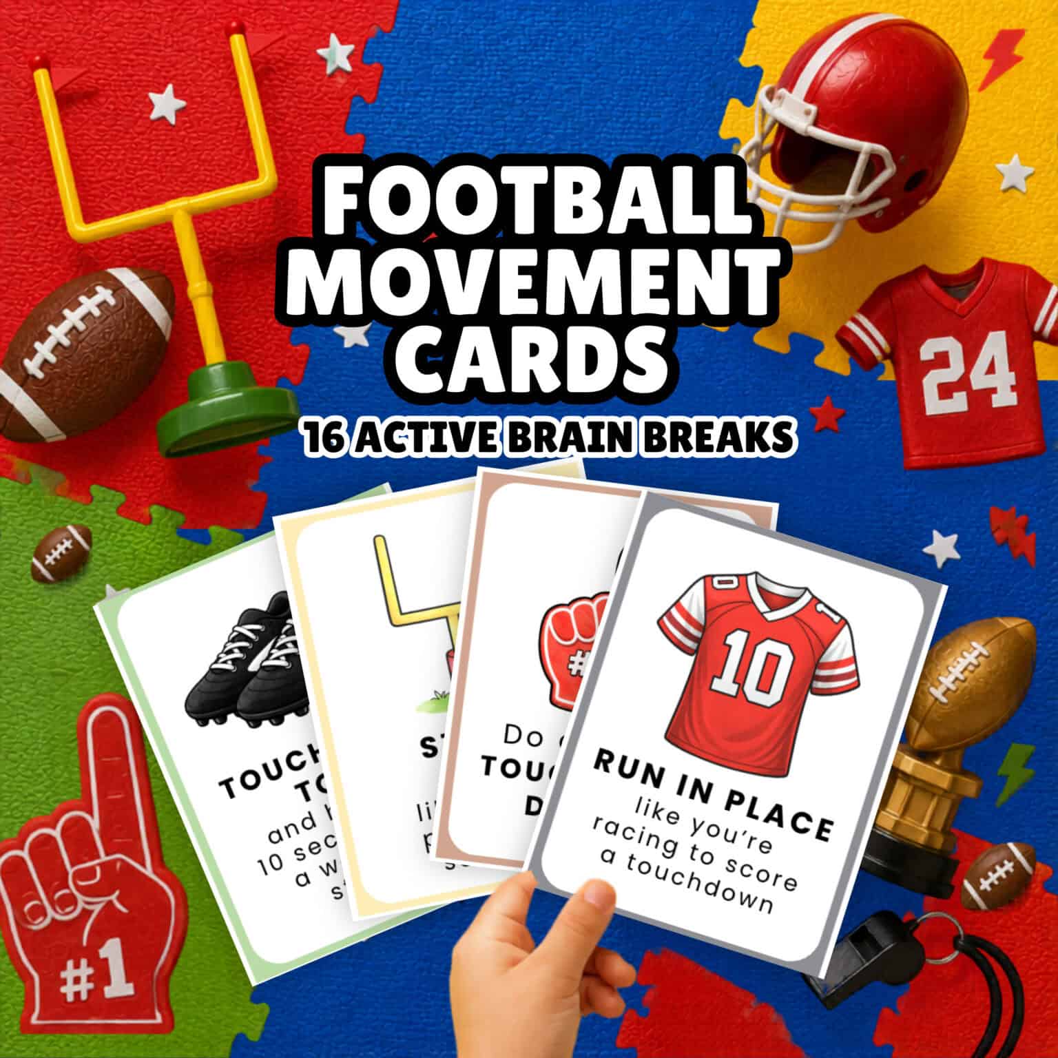 A child's hand holding football movement cards.