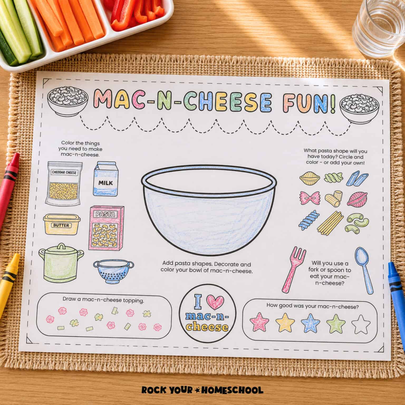 Free printable mac-n-cheese activity placemat.