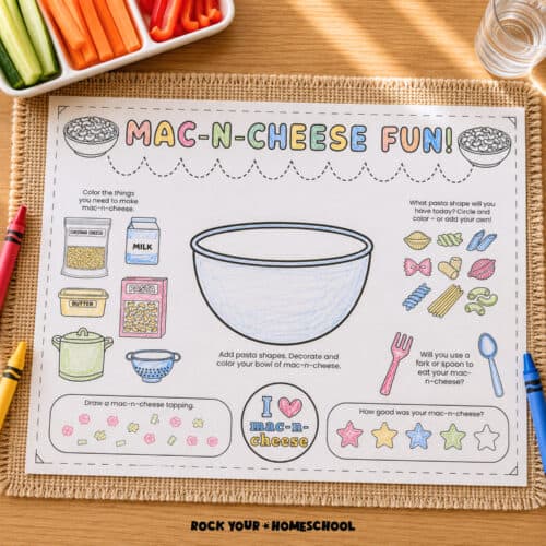 Free printable mac-n-cheese placemat for kids.