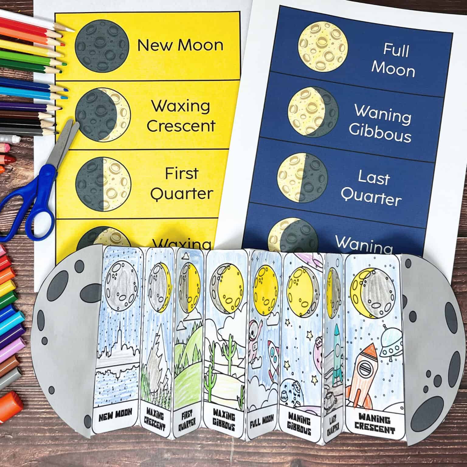 Free printable moon phases foldable activity and charts.