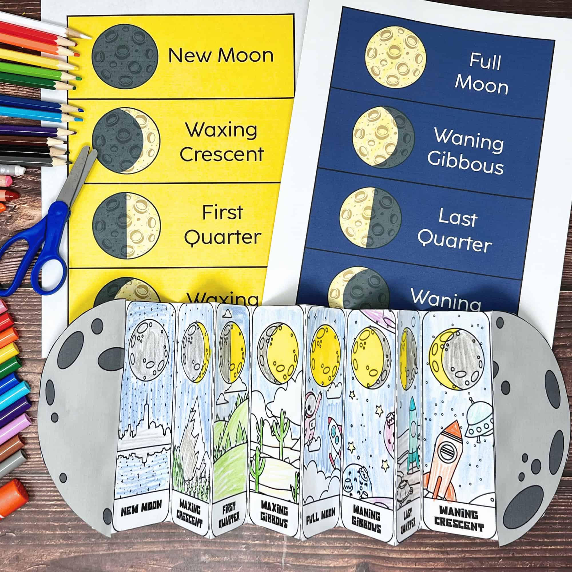 Free printable moon phases foldable activity and charts.