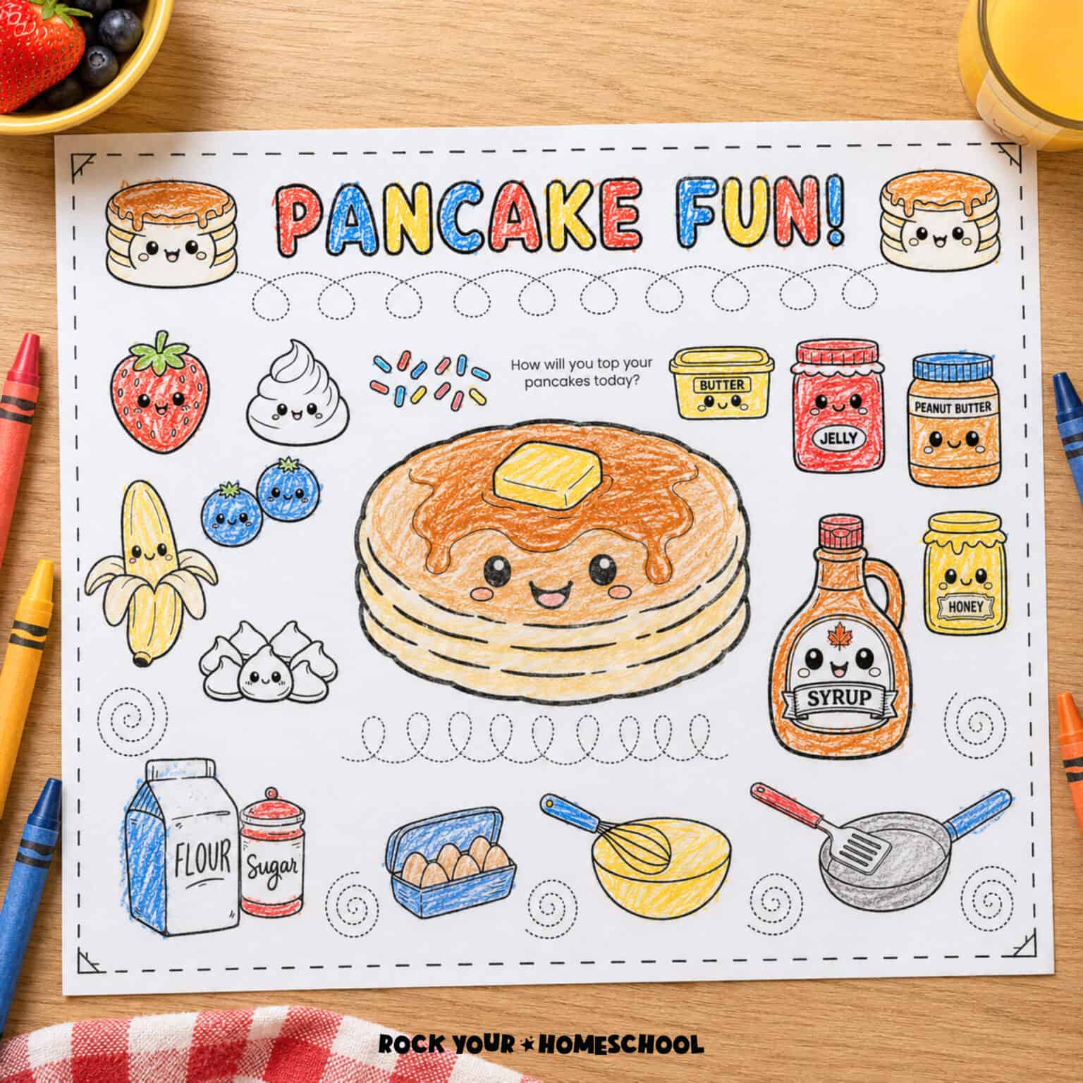 Free printable pancake activity placemat for kids.