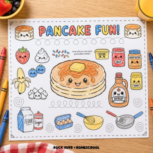 Free printable pancake activity placemat for kids.