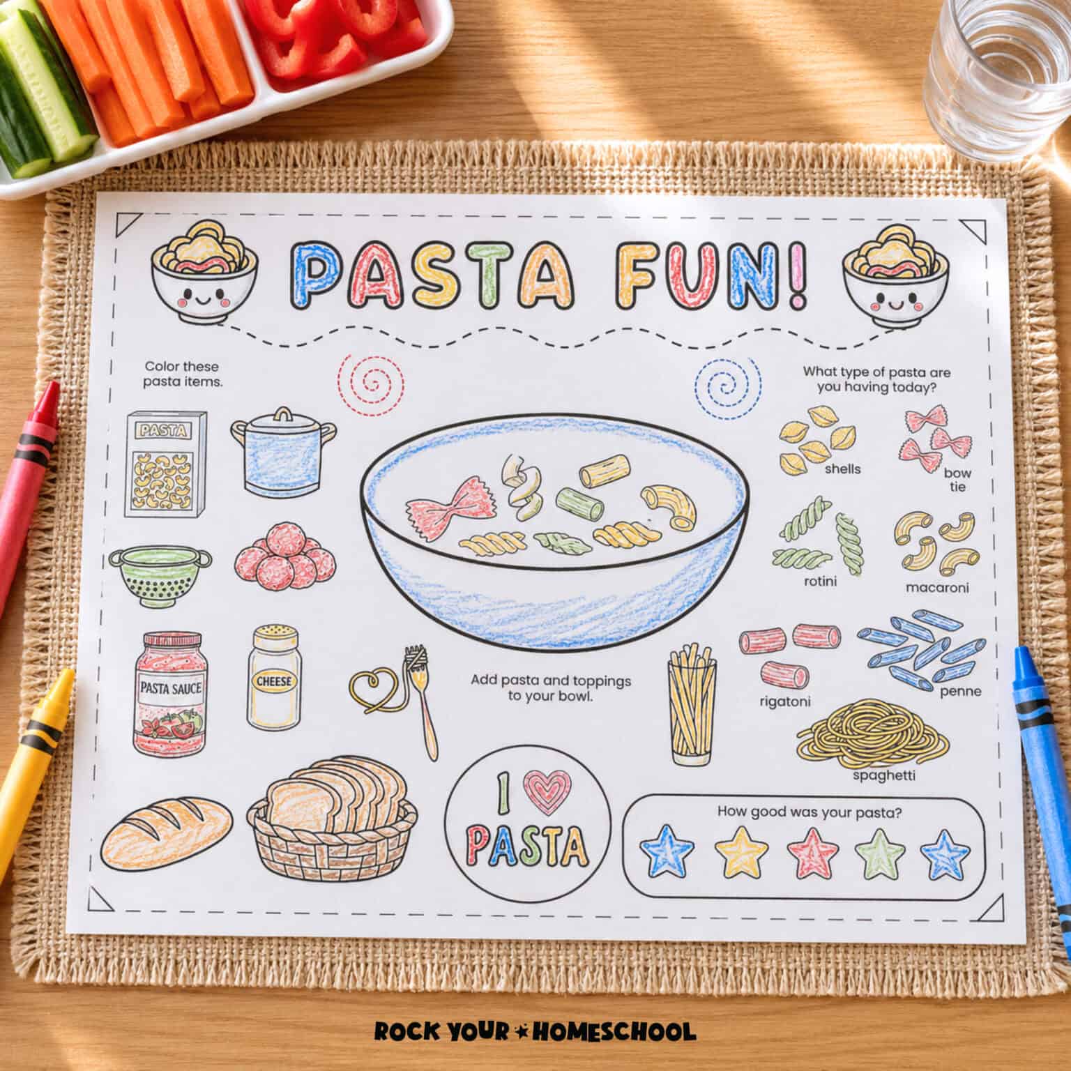 Free printable pasta activity placemat for kids to enjoy for mealtime.