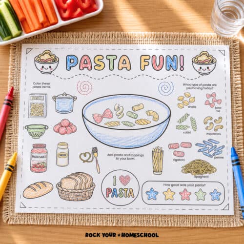 Free printable pasta activity placemat for kids.