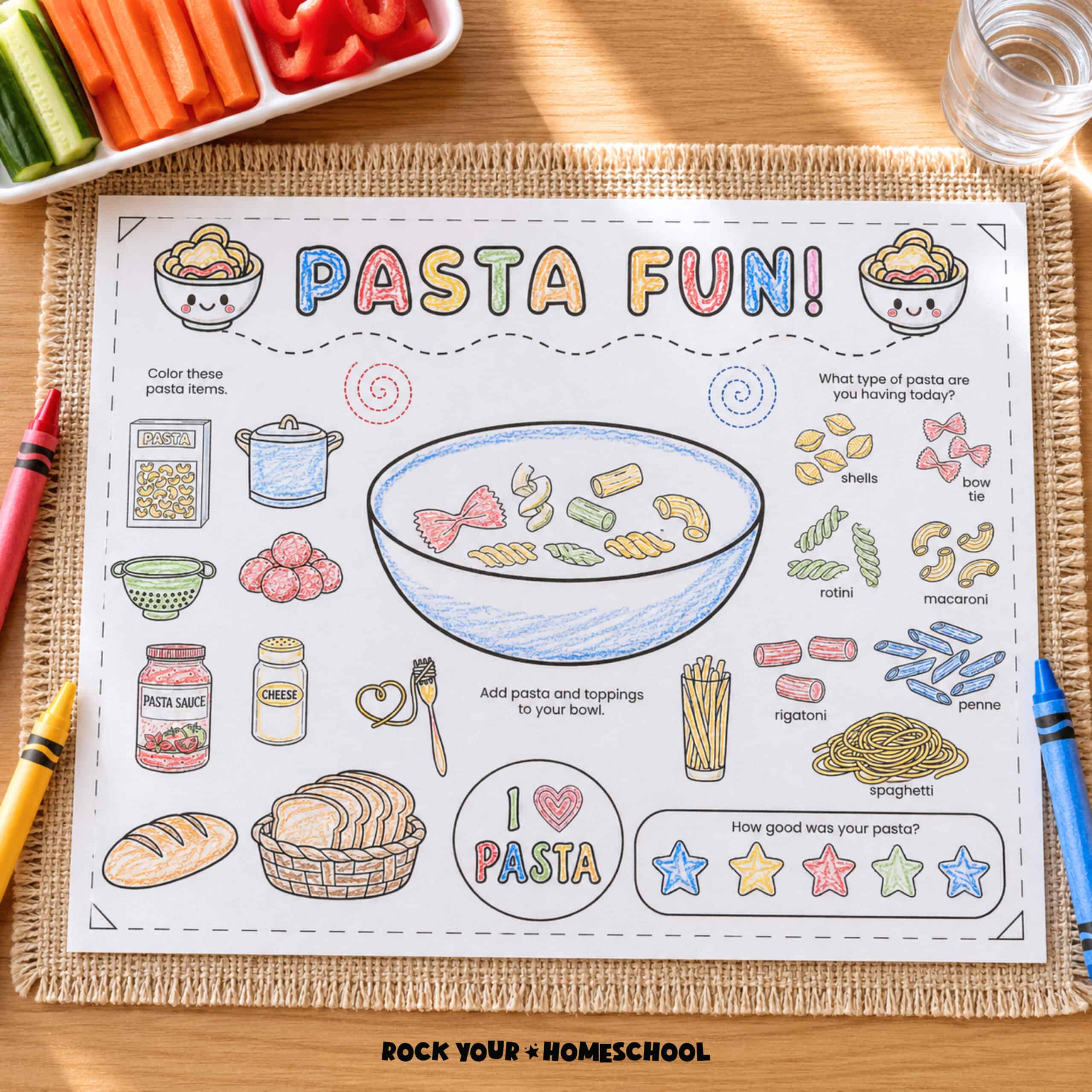 Free printable pasta activity placemat for kids.