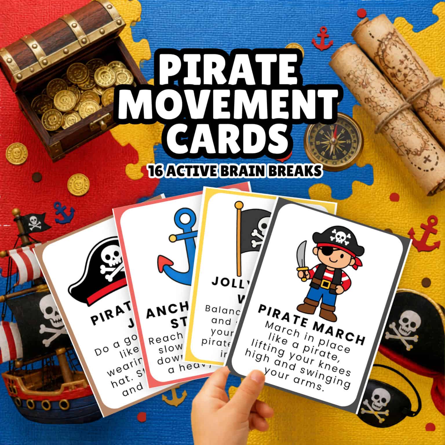 A child's hand holding pirate movement cards.