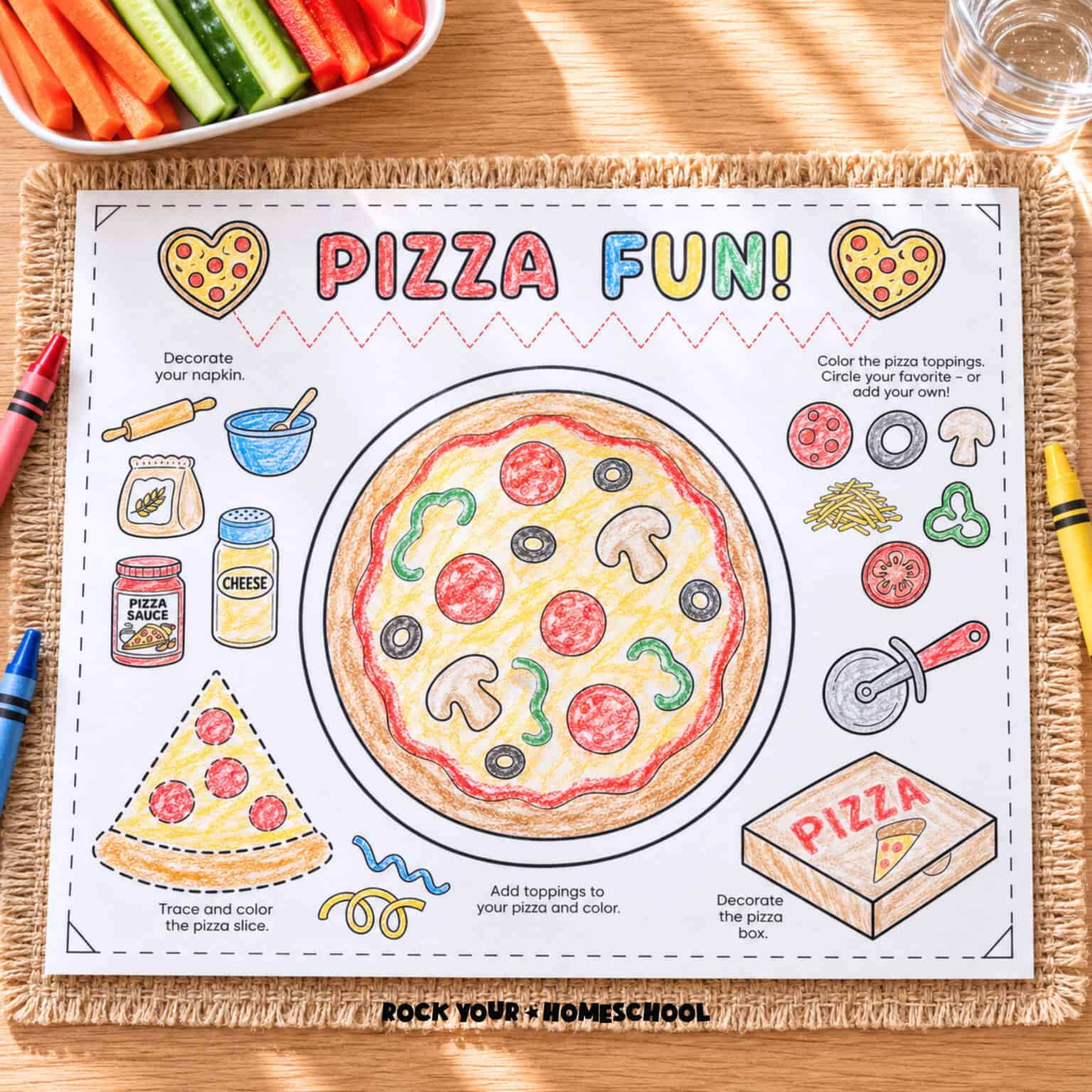 Free printable pizza activity placemat for kids.