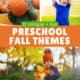 Preschool children with pumpkin, soccer ball, and leaves to features these fun preschool fall themes.