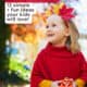 Preschool girl holding pumpkin and wearing autumn leaves headband while looking at a tree to feature these fun preschool fall themes.