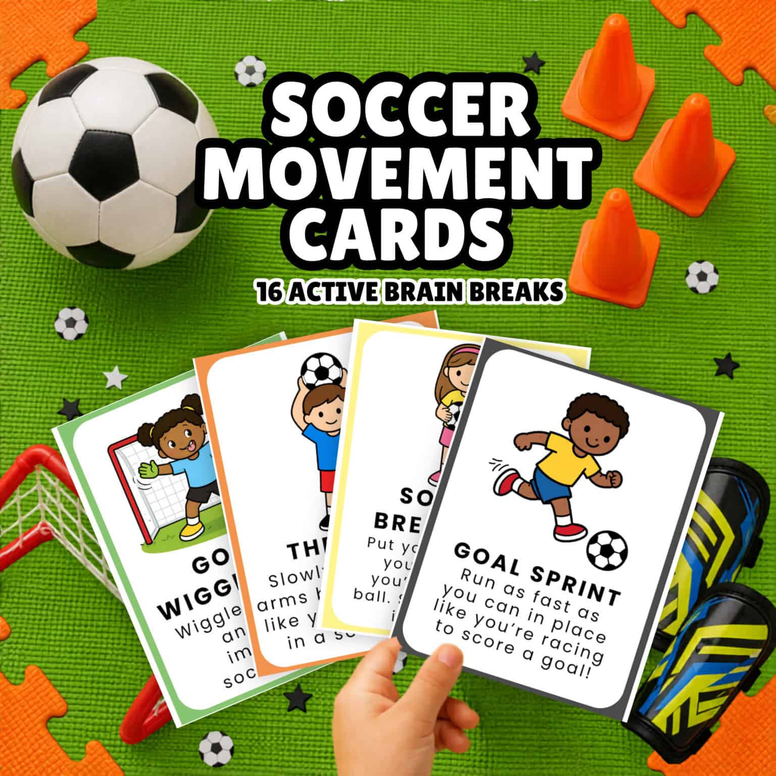 A child's hand holding soccer movement cards.