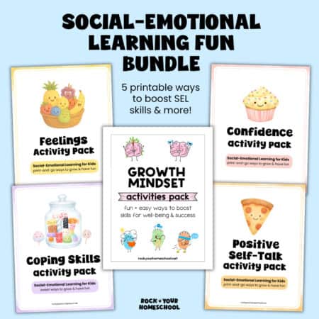 5 printable covers of social-emotional learning activity packs including feelings, confidence, coping skills, positive self-talk, and growth mindset activities.