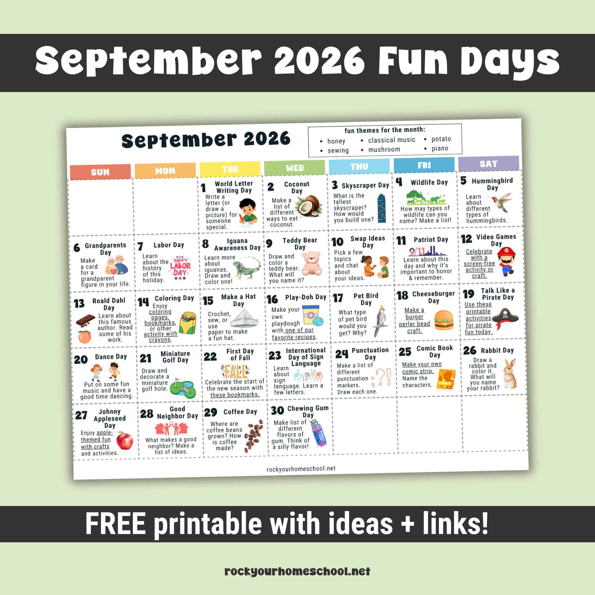 Free printable September 2026 Fun Days Calendar for Kids.