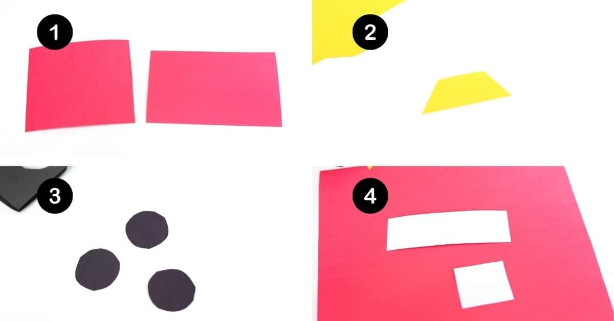 Paper shapes of rectangles, squares, trapezoids, and circles in red, yellow, black, and red for fire truck craft.
