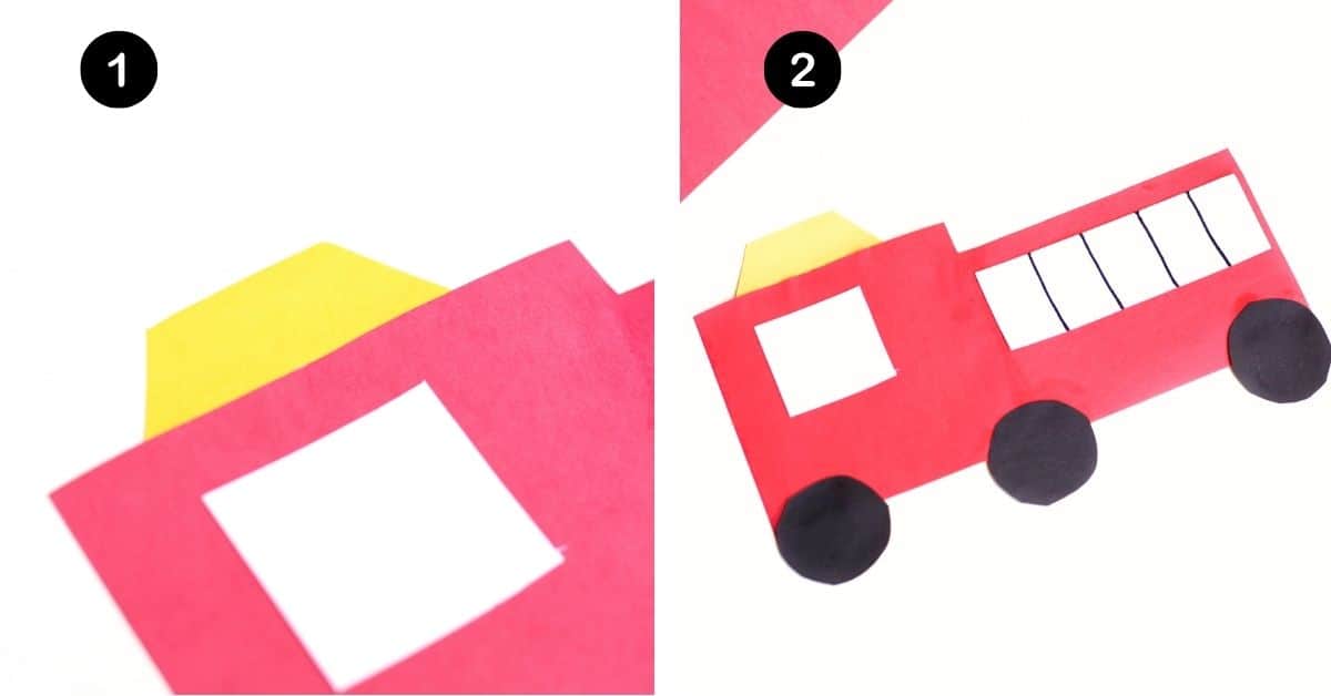Yellow trapezoid paper shape and completed paper fire truck craft.