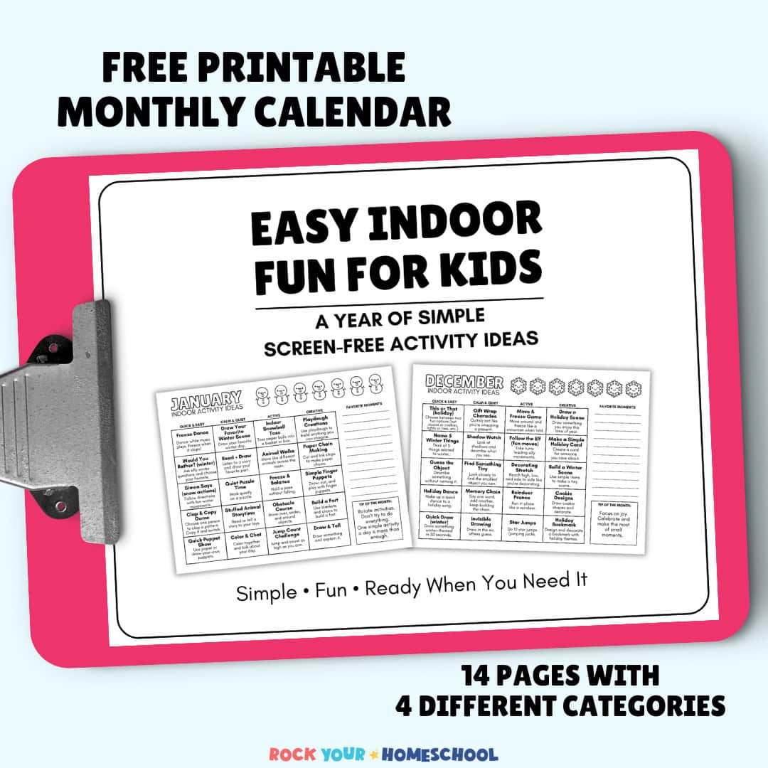 Cover of free printable fun and easy indoor activities for kids calendar on clipboard.
