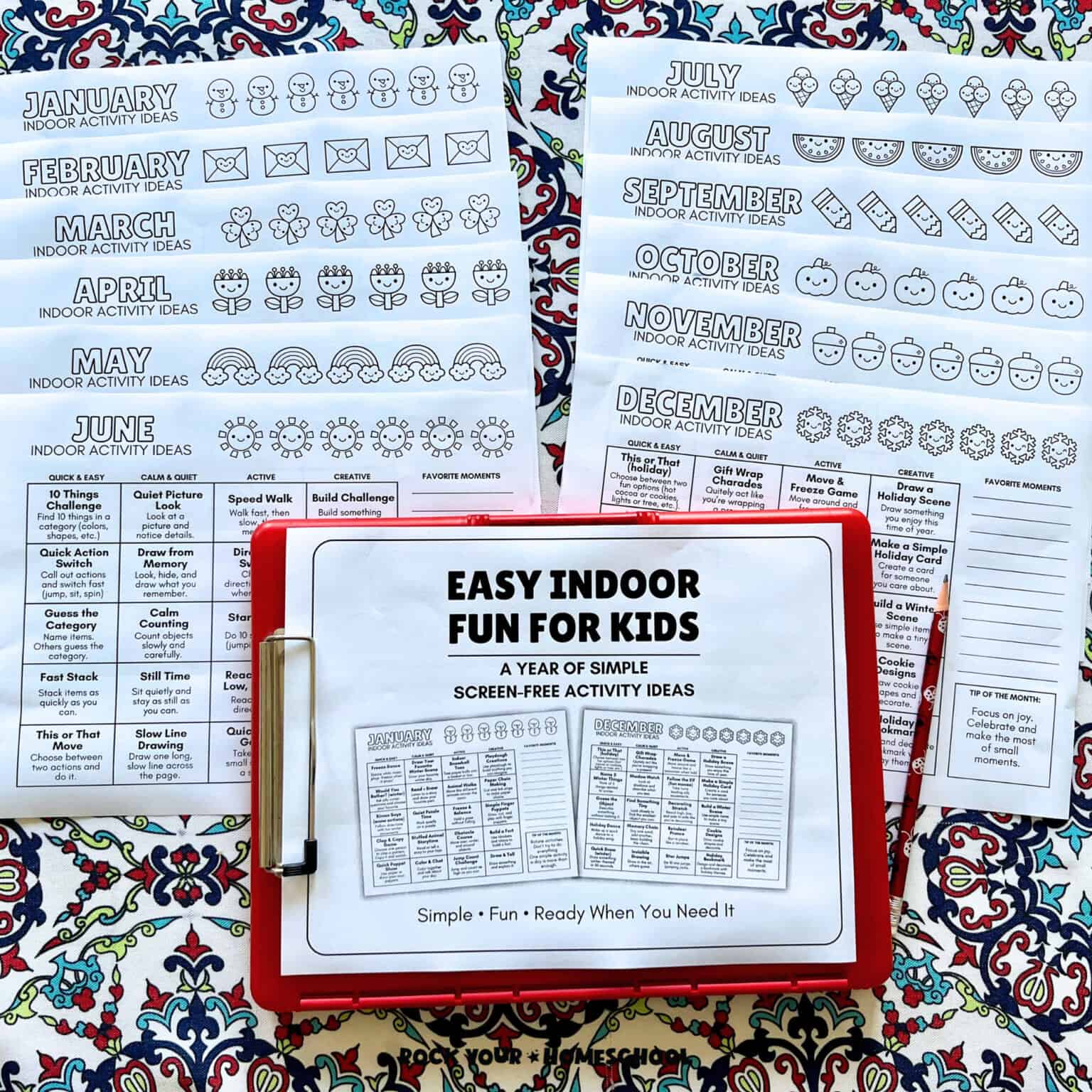 Free printable indoor activities for kids calendar for each month of the year full of fun and easy ideas.