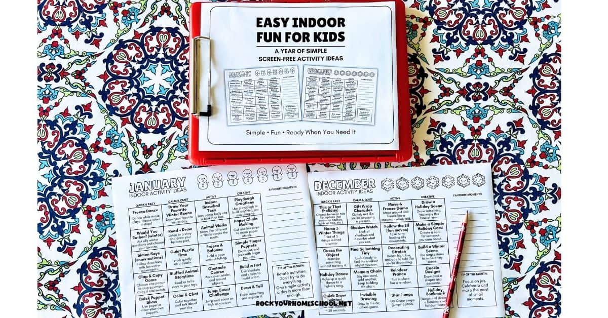 A Year of Screen-Free Indoor activities for kids with Free Printable monthly calendar.