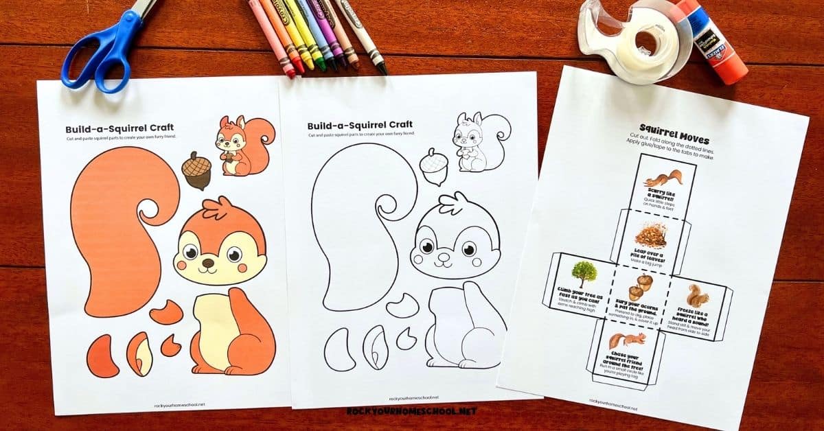 3 pages of squirrel activities for kids with printable craft in color and black-and-white and movement dice game.