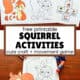 Woman holding printable squirrel craft on a wood craft stick and squirrel movement dice game.