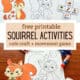 Woman holding printable squirrel craft and squirrel movement dice game.