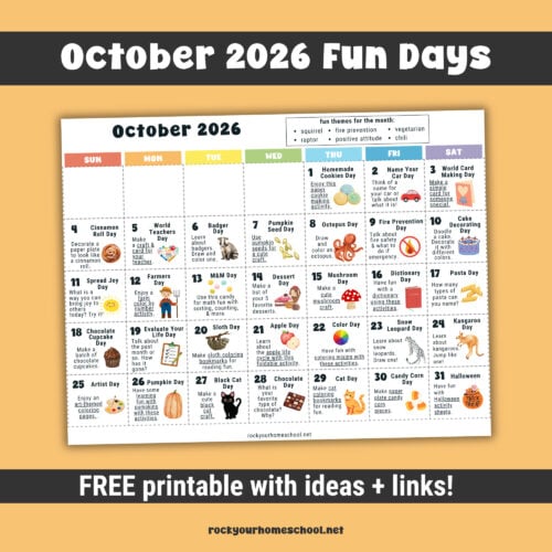 Example of free printable October 2026 Fun Days Calendar for Kids.