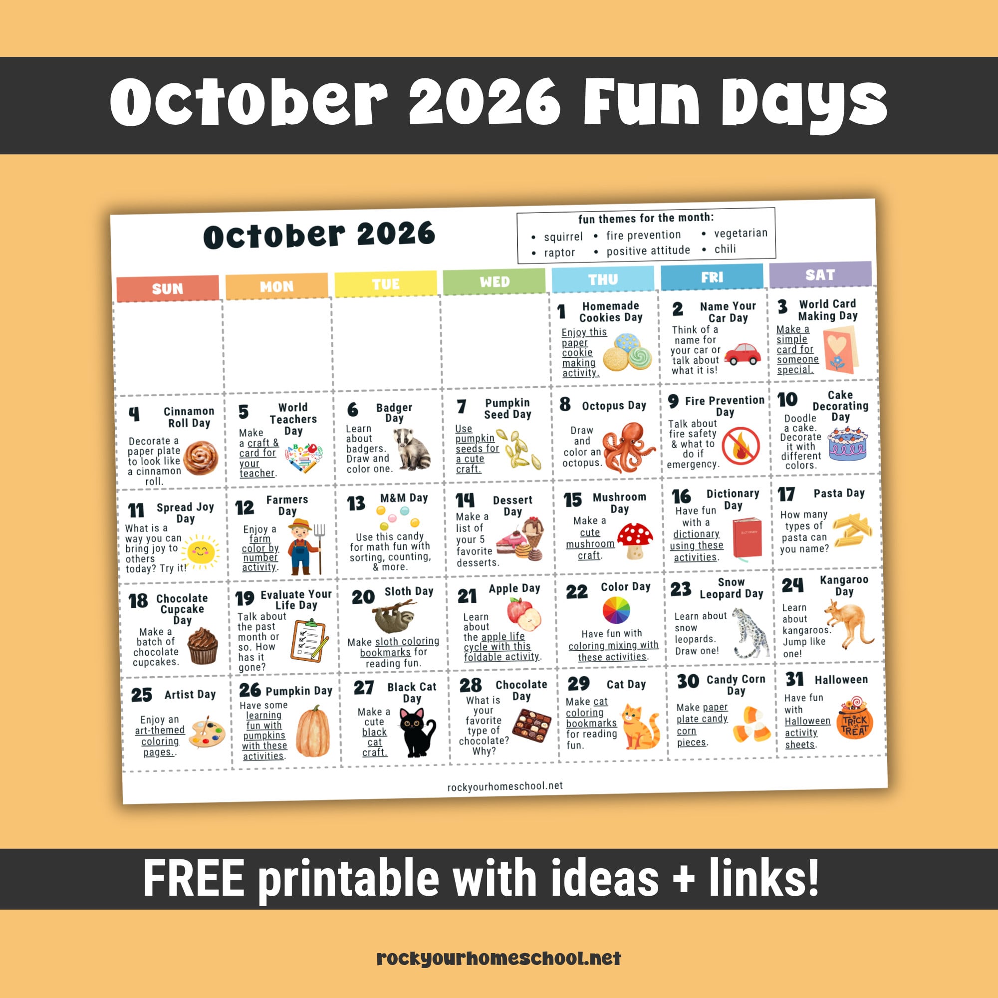 Example of free printable October 2026 Fun Days Calendar for Kids.