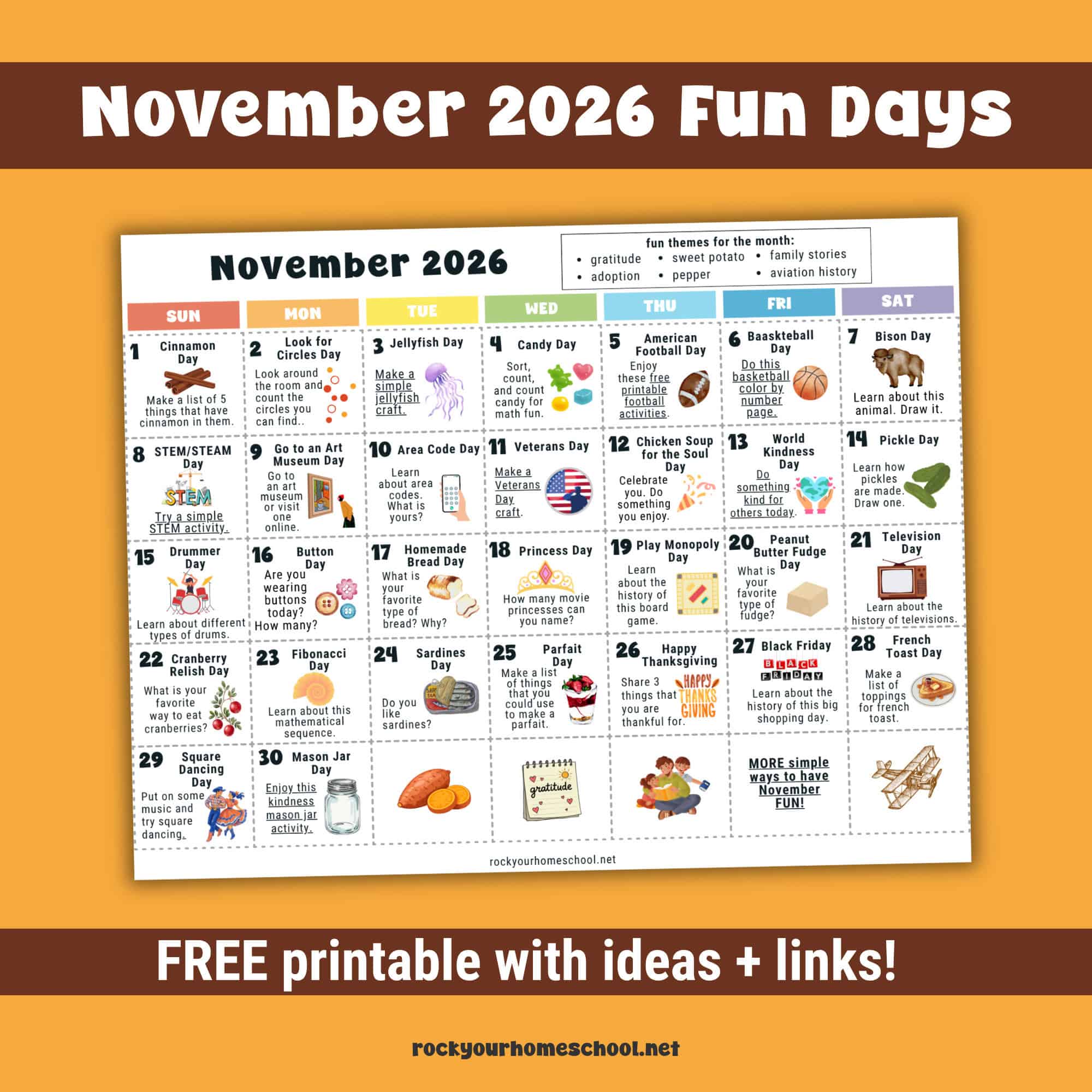 Free printable November 2026 Fun Days Calendar for Kids.